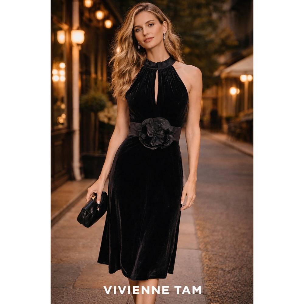 Vivienne Tam‎ RESS Black Halter Dress Sz 4 Rosette Keyhole Cocktail VTG Y2K